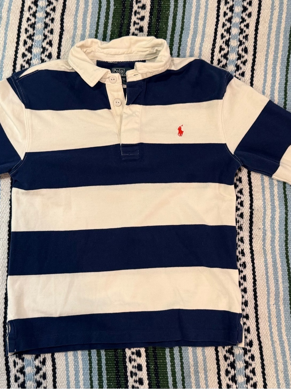 Polo by Ralph Lauren Navy & White Striped Rugby Polo with Red Pony